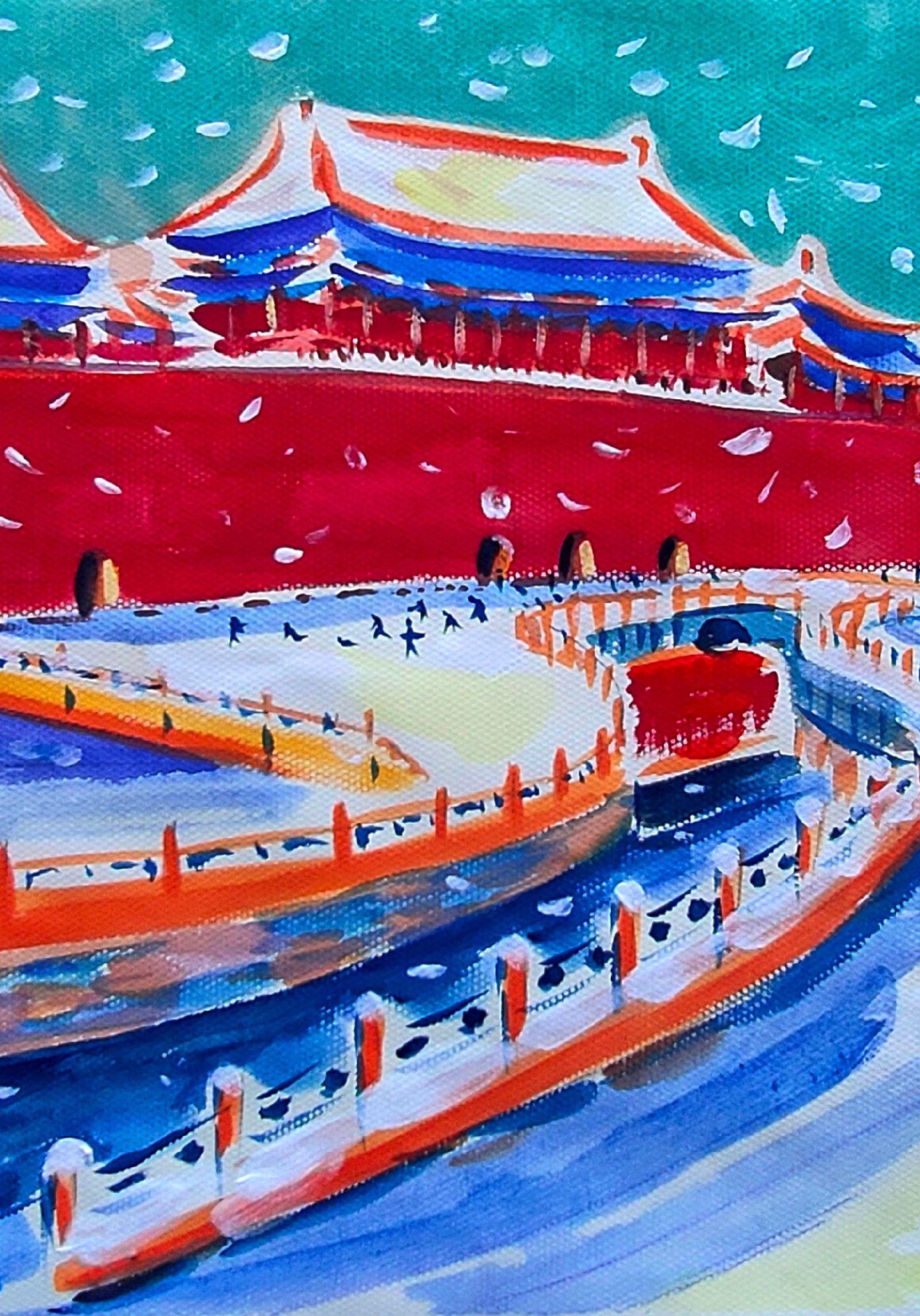 午雪忆明。红墙覆雪午门寒，玉絮纷扬落旧栏。遥想明皇嬉雪处，而今故苑客凭看。