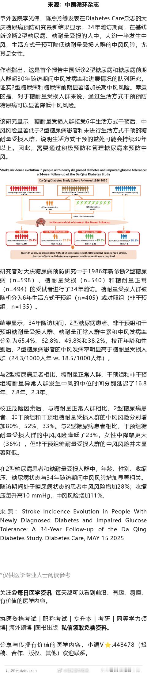 新诊糖尿病和糖耐量受损者，34年后约一半中风！李光伟、陈燕燕等大庆糖尿病预防研究