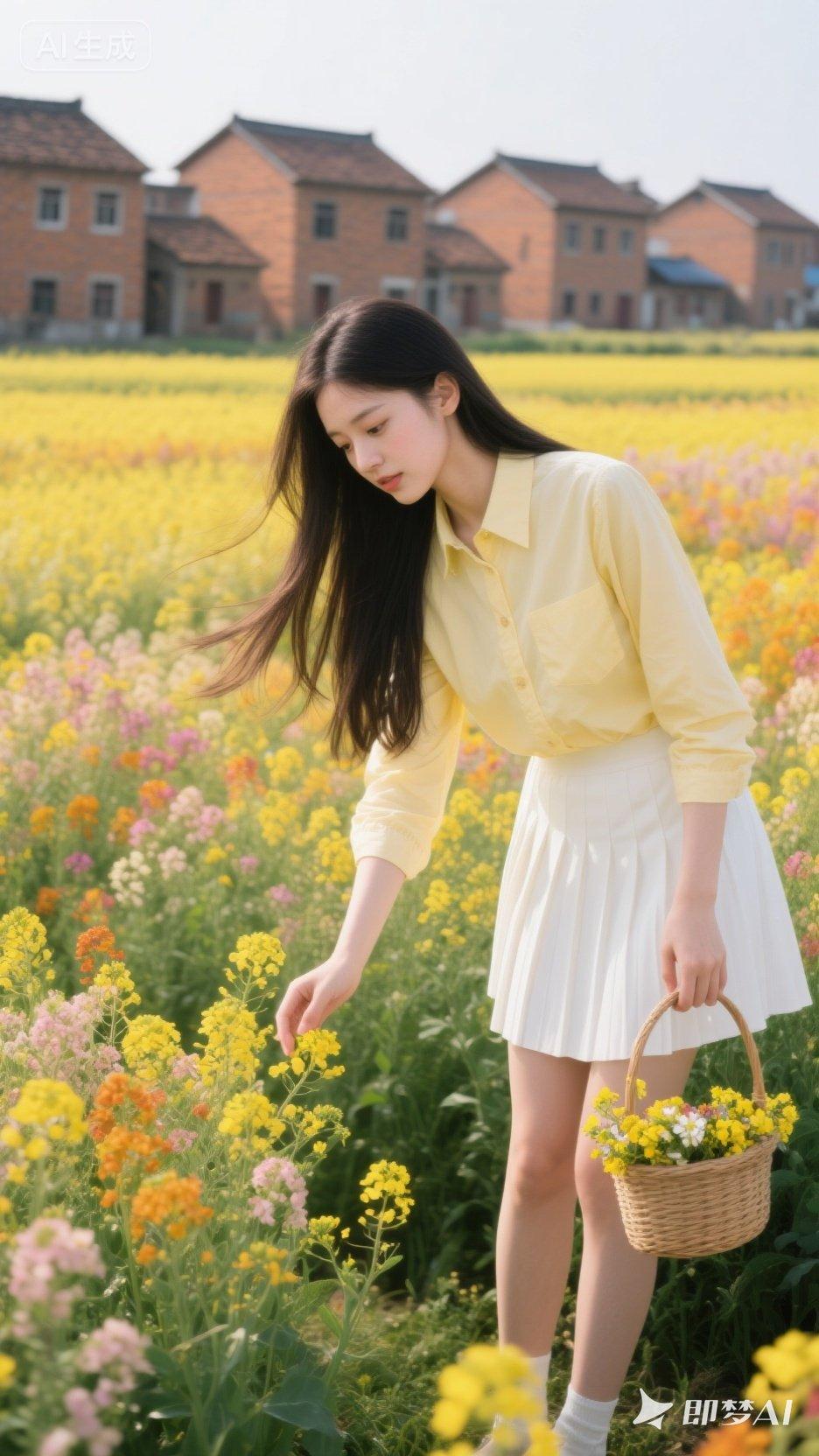 少女在花田中漫步，手捧一篮野花，感受大自然的美好。