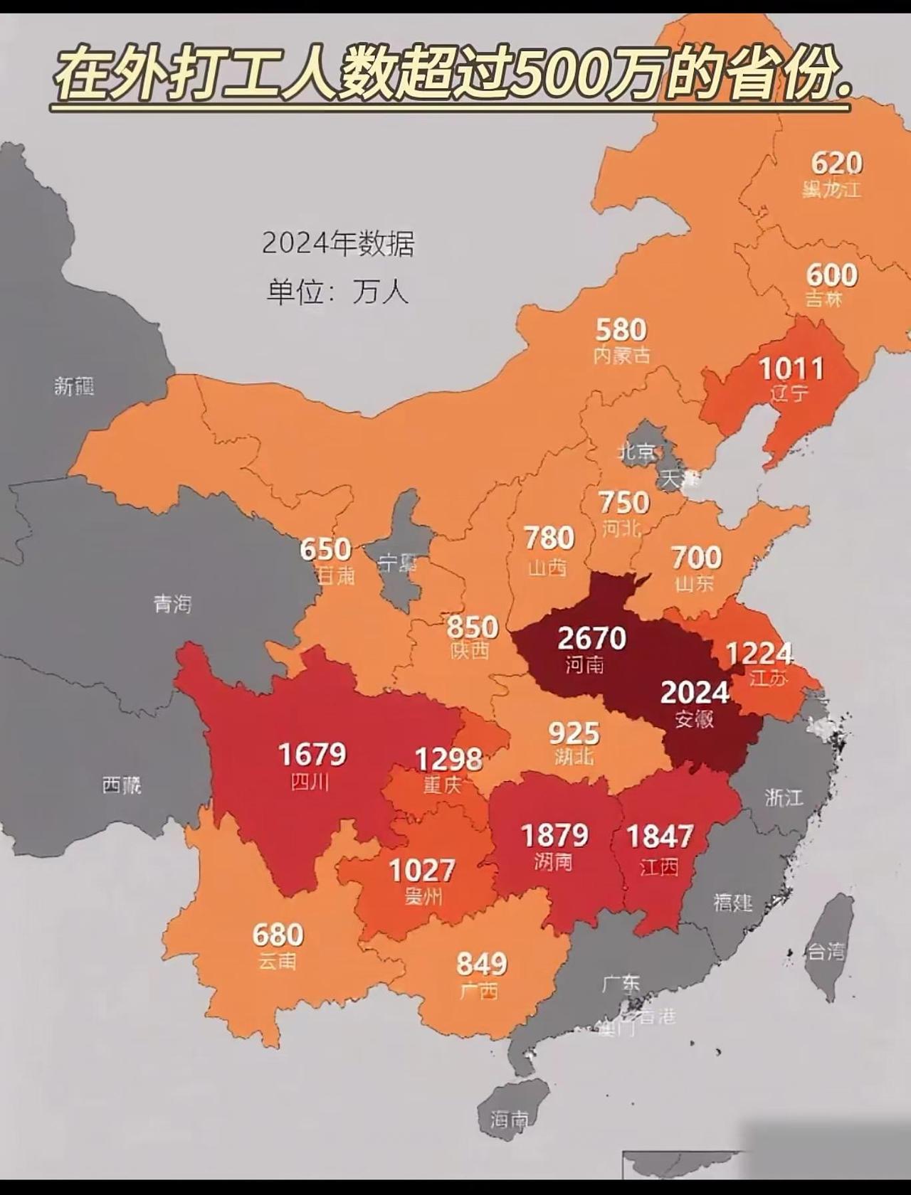 据2024年数据显示，我国在外打工人数超500万的省份共19个，区域分布呈现鲜明