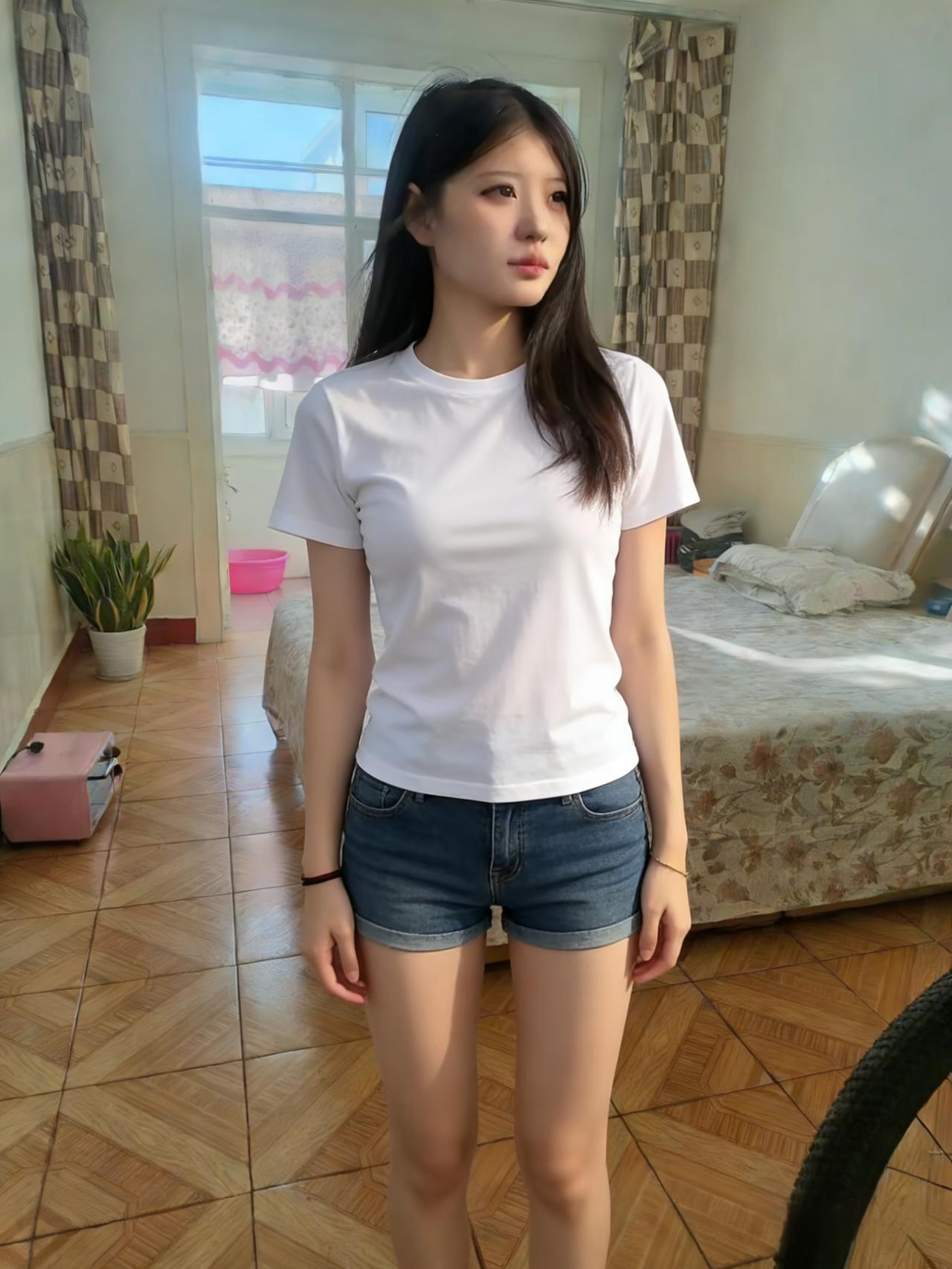 白T恤裹着午后的光
像刚从晾衣绳上摘下的云
牛仔短裤卷着夏末的风
在木地板上投下