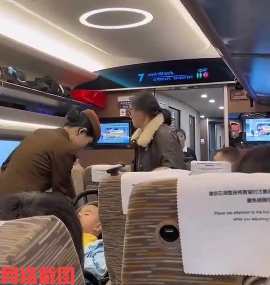 有趟高铁到站后。

列车上有女子没有立马下车，反而推自己的婴儿车堵住行走通道，认