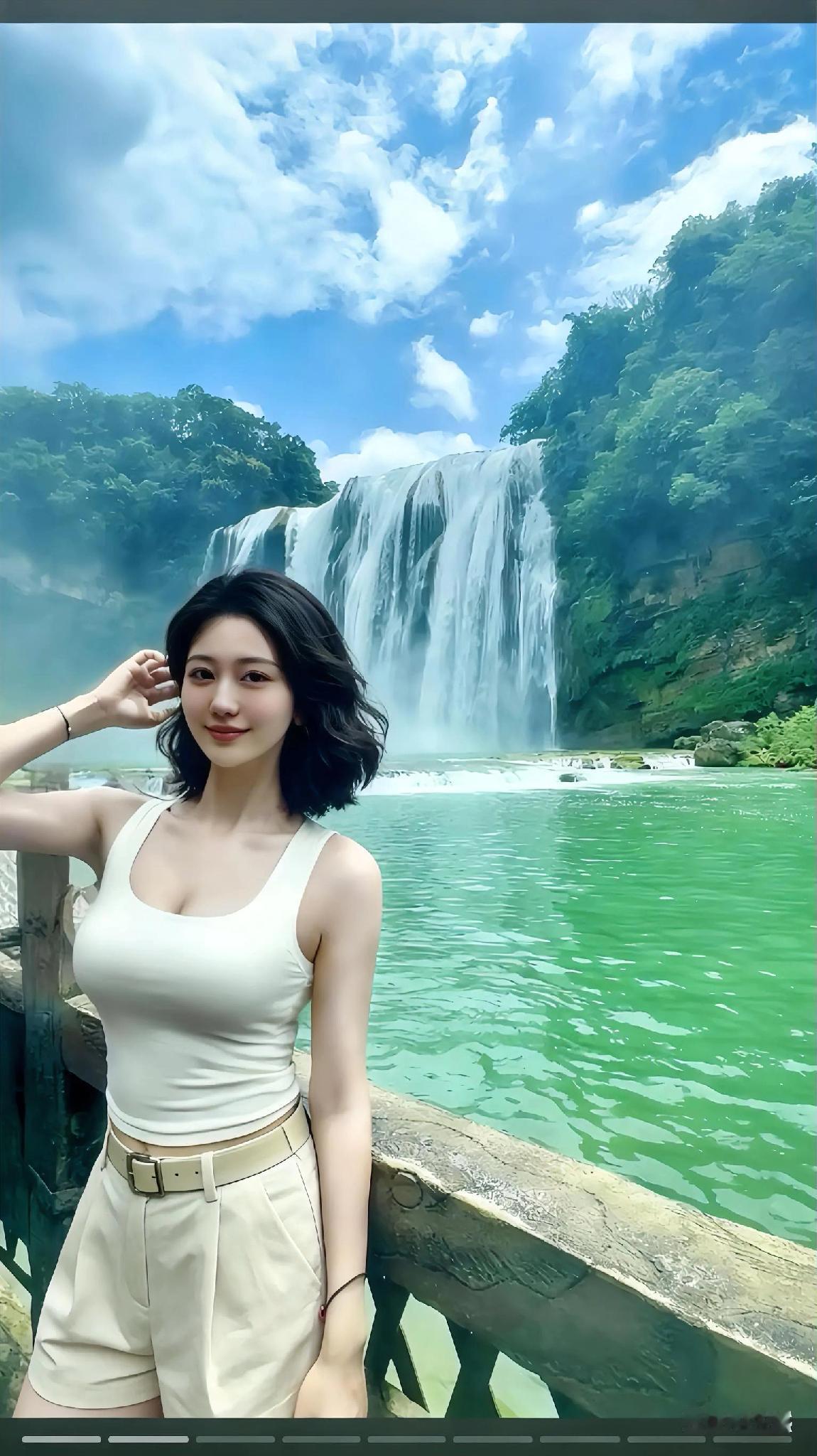 水帘飞瀑映碧波，美人倚栏笑语多。
飞瀑雄景 
飞瀑流晖 
飞瀑翠影 
飞瀑吟 