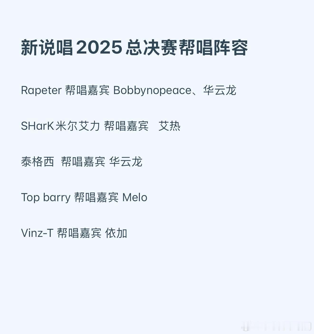 新说唱2025[超话]《新说唱2025》总决赛，目前已知帮唱嘉宾🍉《新说唱20