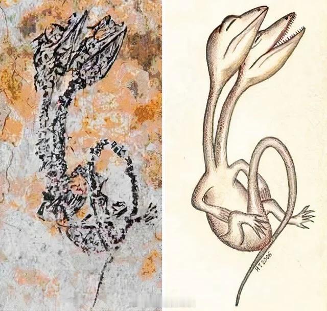 中国白垩世义县组发现的双头恐龙化石。这是唯一发现的具有轴向分叉的化石，这种畸形至