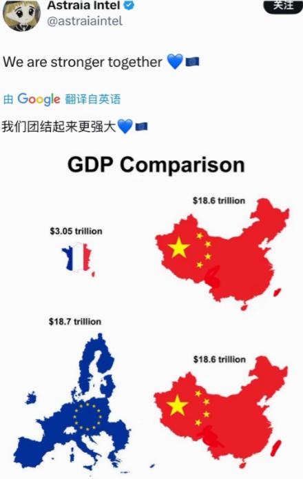 面对中国整个欧盟都 “心虚了”

一位法国网友原本想拿法国GDP和中国比一比，结