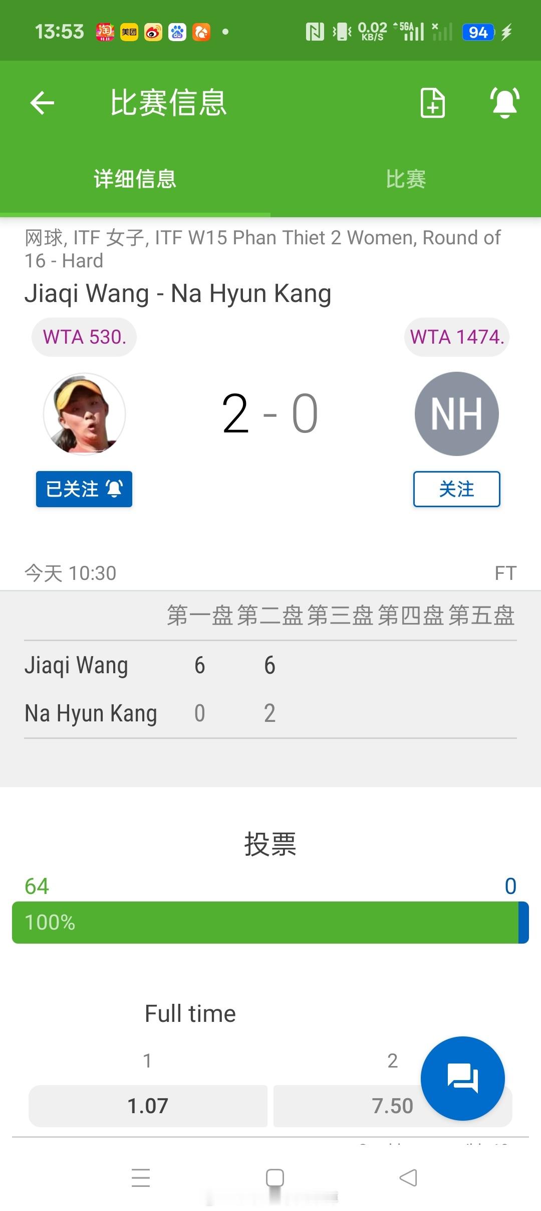 【🇻🇳藩切W15】女单正赛第二轮头号种子🇨🇳王佳琪6-06-2横扫🇰?