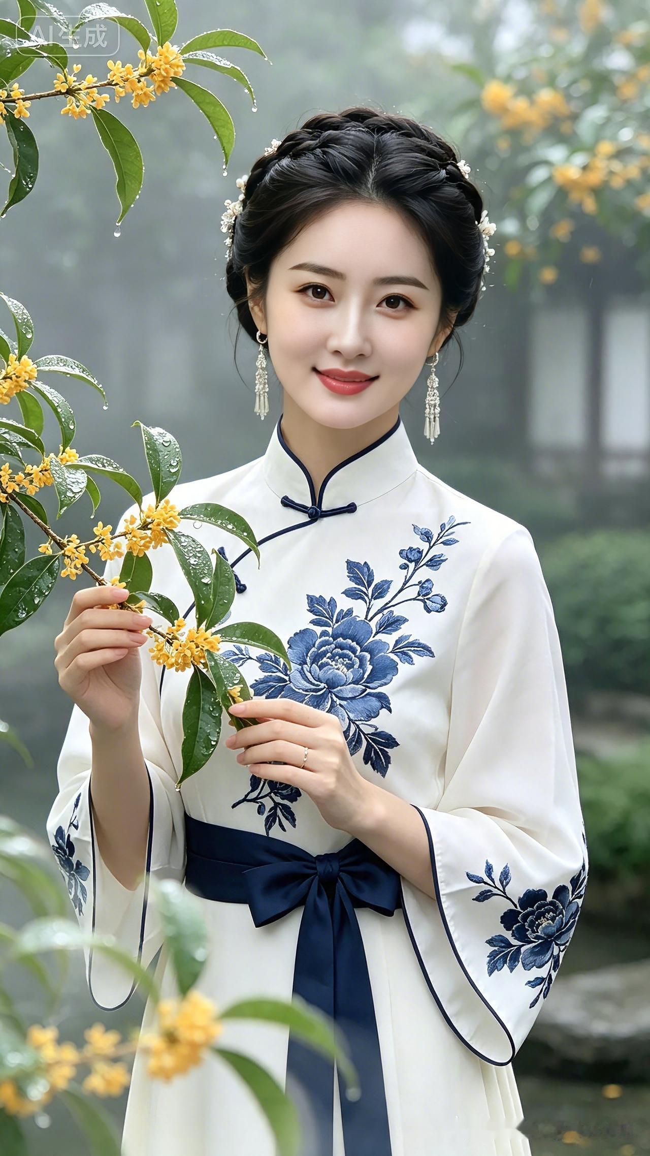 桂下佳人
金桂枝头馥郁飘，
青衣雅态韵姿娇。
珠环微坠增温婉，
素袖翩翩映玉韶。
