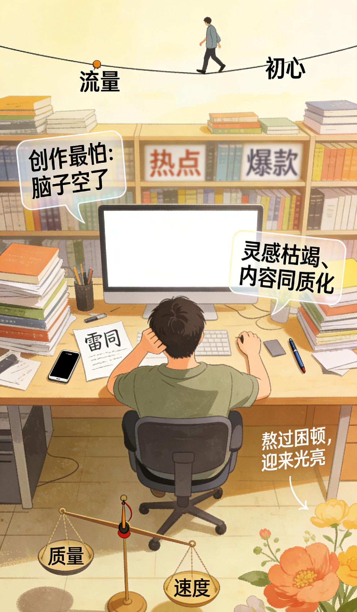 创作过程中遇到最大的挑战是什么? 创作最怕的不是熬夜，而是脑子空了。

每天睁开