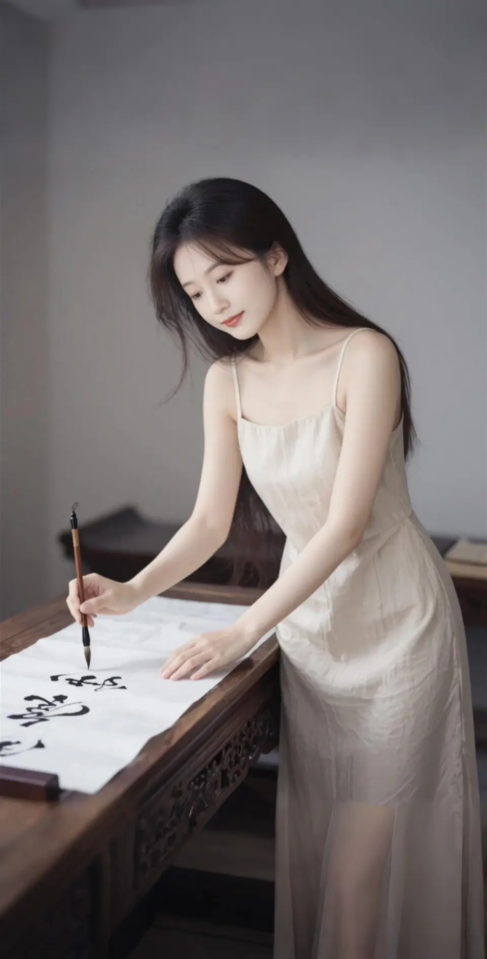 AI扩图 AI书案间的少女