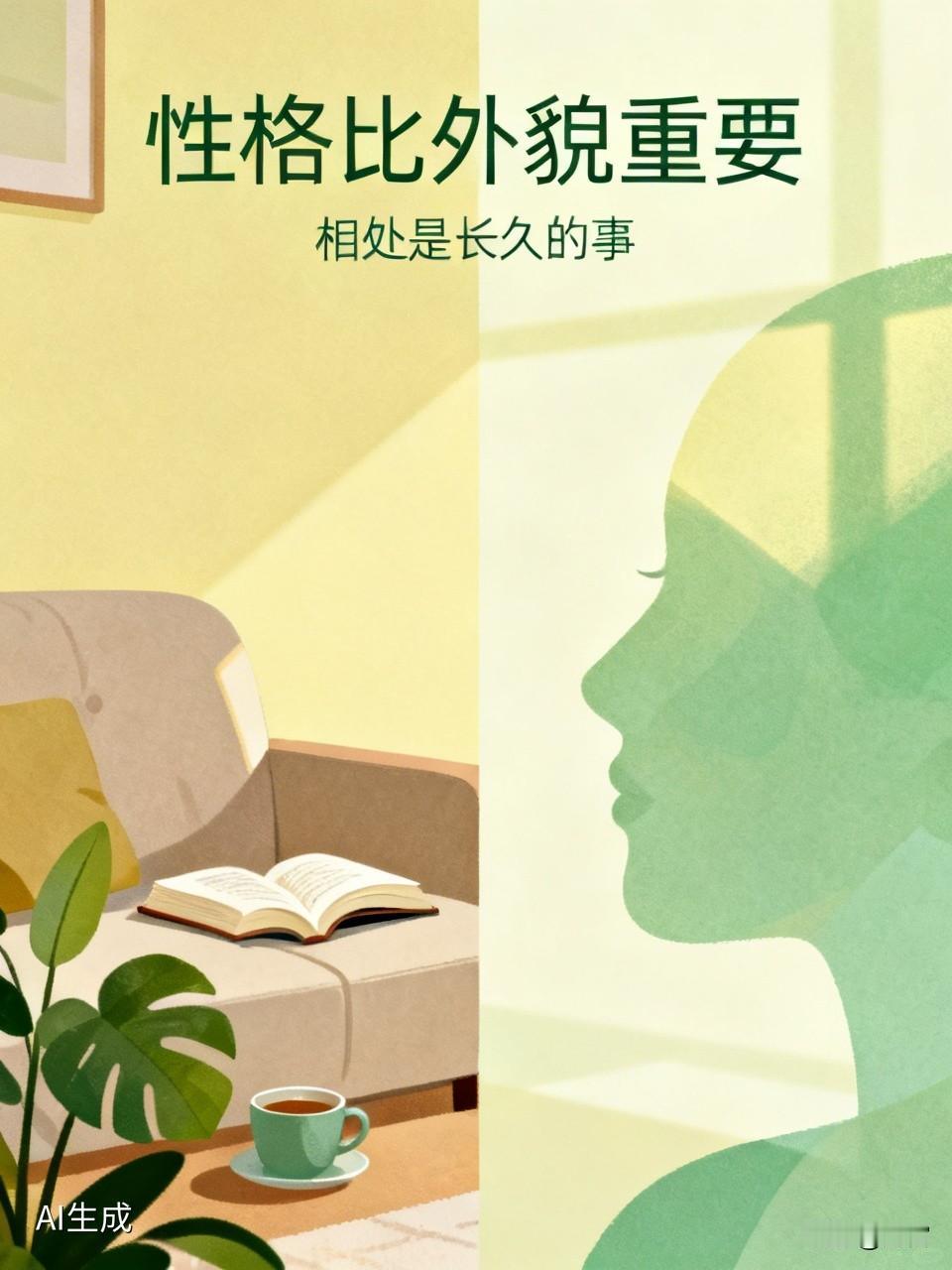 居家过日子，我觉得性格比外貌重要。外貌的确是感情的敲门砖，心理学上，初次见面对外