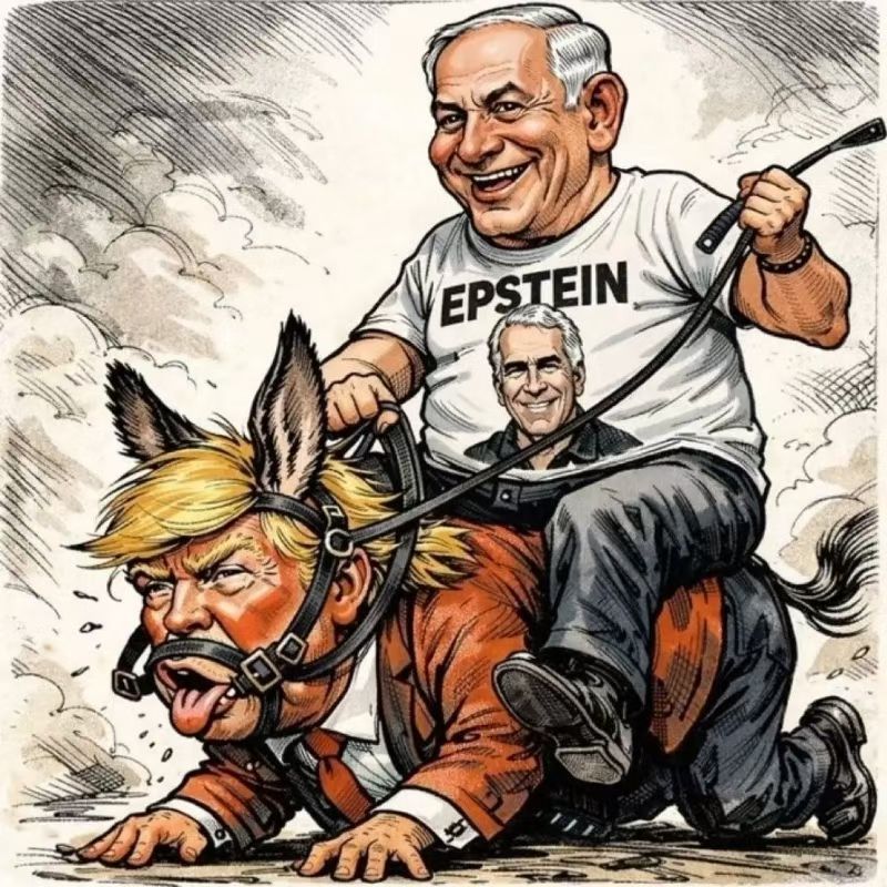 一张好图～以色列总理内塔尼亚胡穿着印有爱泼斯坦的短袖衫骑着嘴上带着笼头的特朗普在