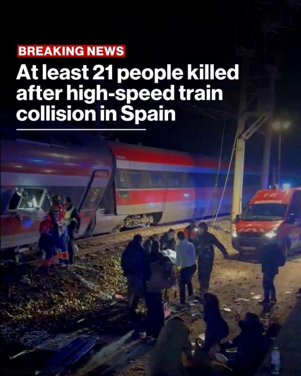 据当地官员称，周日两列高速列车在西班牙南部相撞，造成至少21人死亡，100人受伤