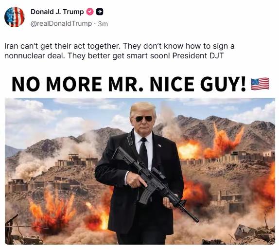 川普是真不靠谱啊！总统啊还是美国的总统，竟然在社媒上发端着机枪的AI图片，配文“