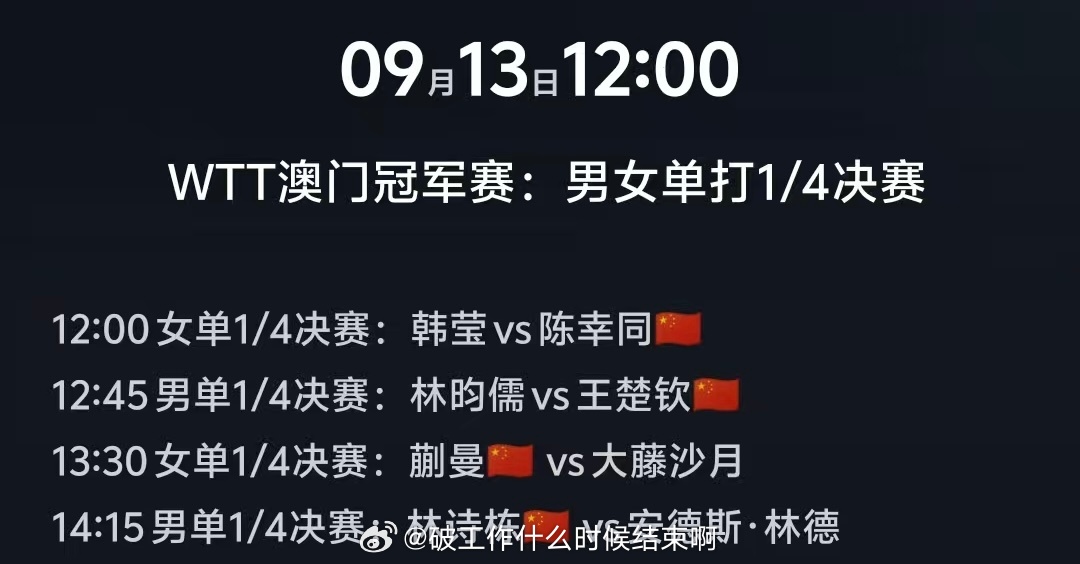 📢澳门冠军赛男单八强出炉📍【2025WTT澳门冠军赛】男单八强🏓林诗栋vs