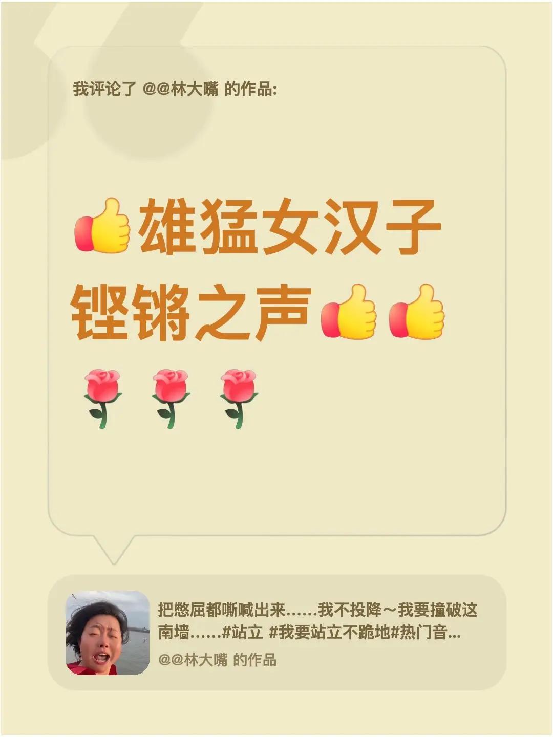 我评论了@@林大嘴 的作品：雄猛女汉子铿锵之声