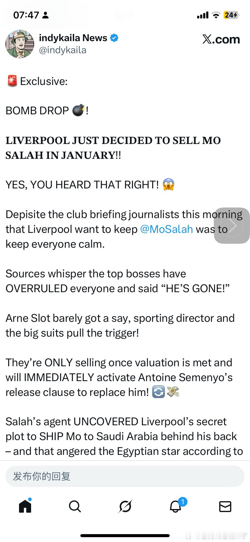 绿帽哥爆料利物浦刚刚决定在一月份出售萨拉赫！！是的，你没听错！尽管俱乐部今早向记