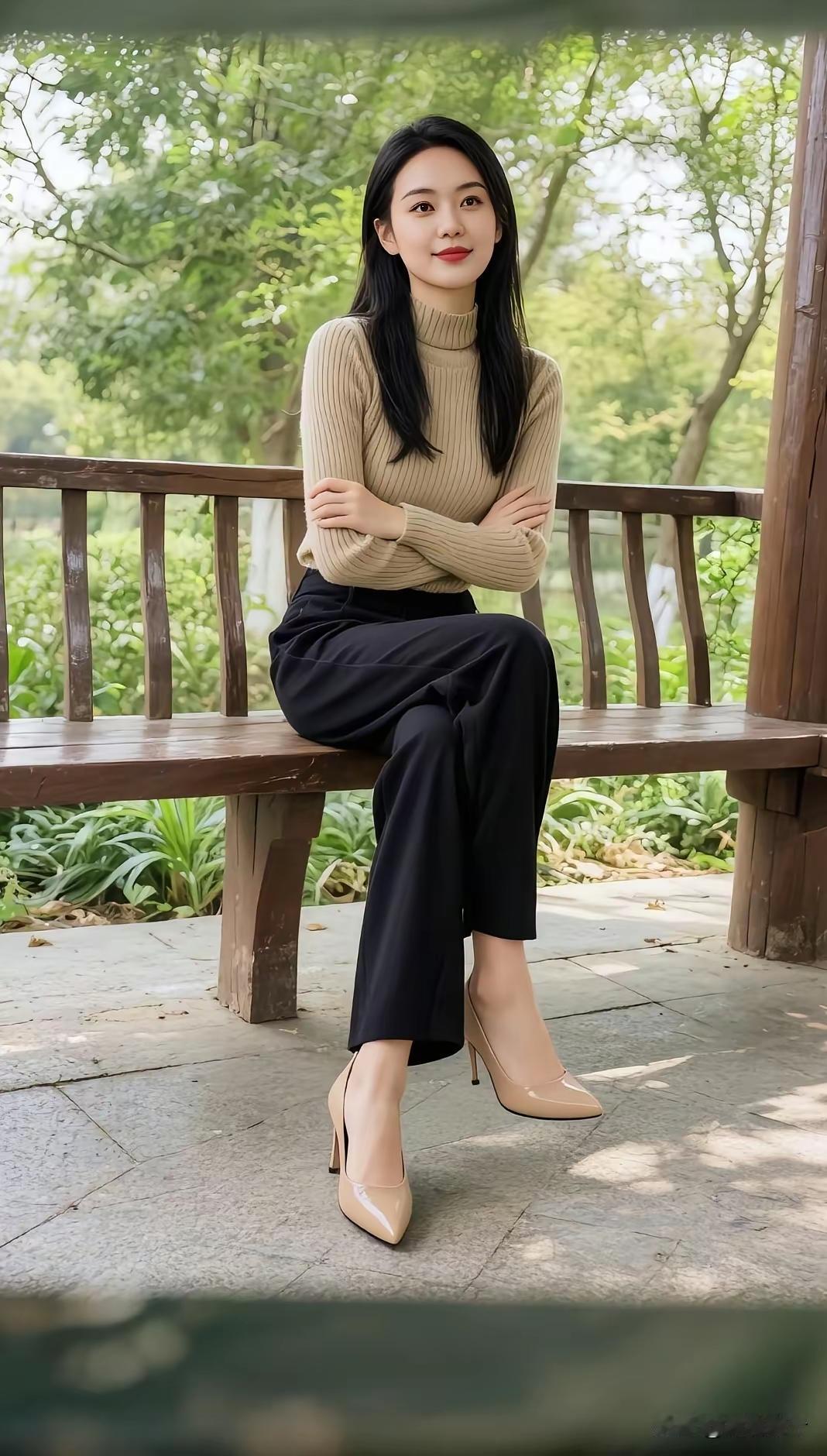 温柔米色毛衣搭配黑色长裤，脚踩裸色高跟鞋，优雅气质满满！🍂👗👠