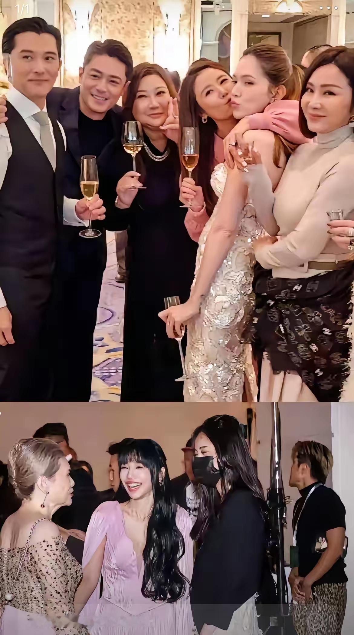 在邱泽与许玮甯的婚礼上，李靓蕾的粉红色深V晚礼服显得格外引人注目，与婚礼的庄重氛