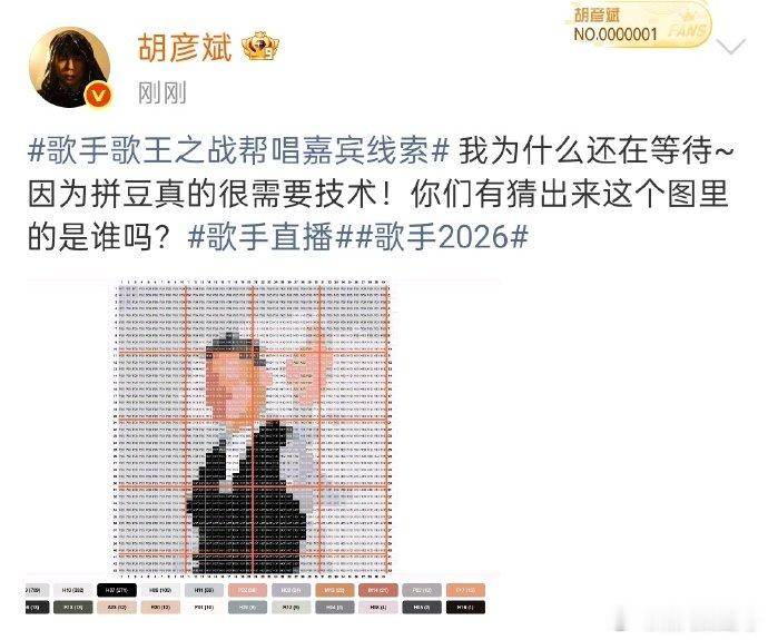 胡彦斌发韩磊拼豆 胡彦斌发歌手歌王之战帮唱嘉宾线索，是韩磊老师的拼豆吧~胡彦斌歌