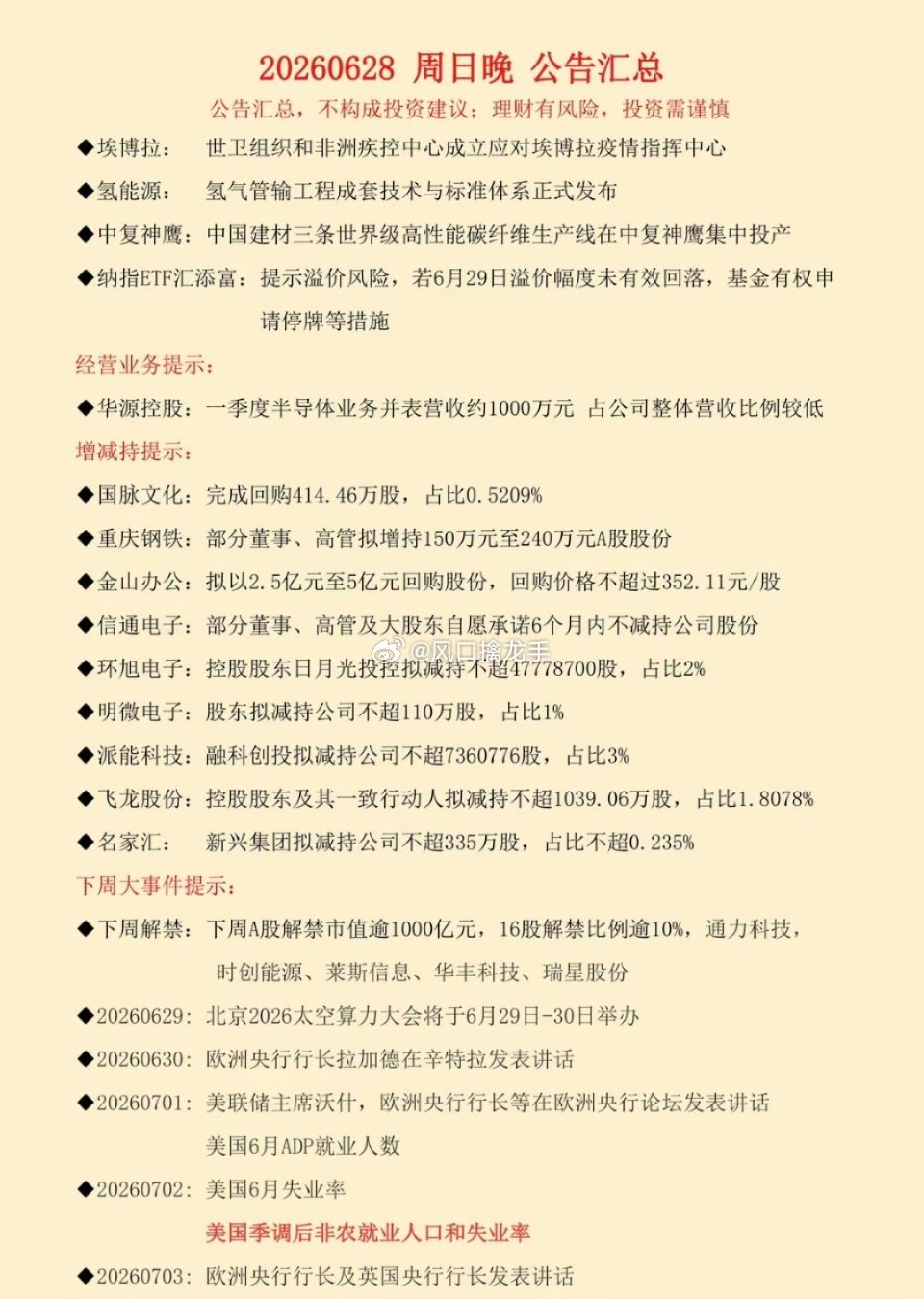 6.28周日晚间：财经热点+公司公告！当晚合计27家公司披露重要公告，大科技板块