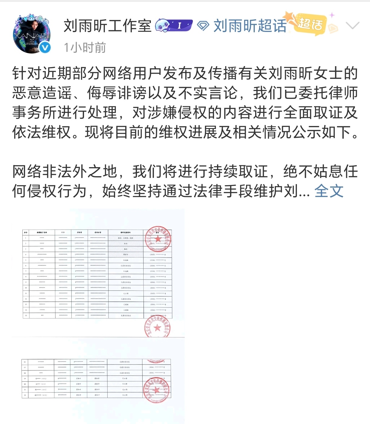 刘雨昕工作室公布告黑名单和进度！全平台持续告黑👊胜诉立案取证通通都有！互联网非