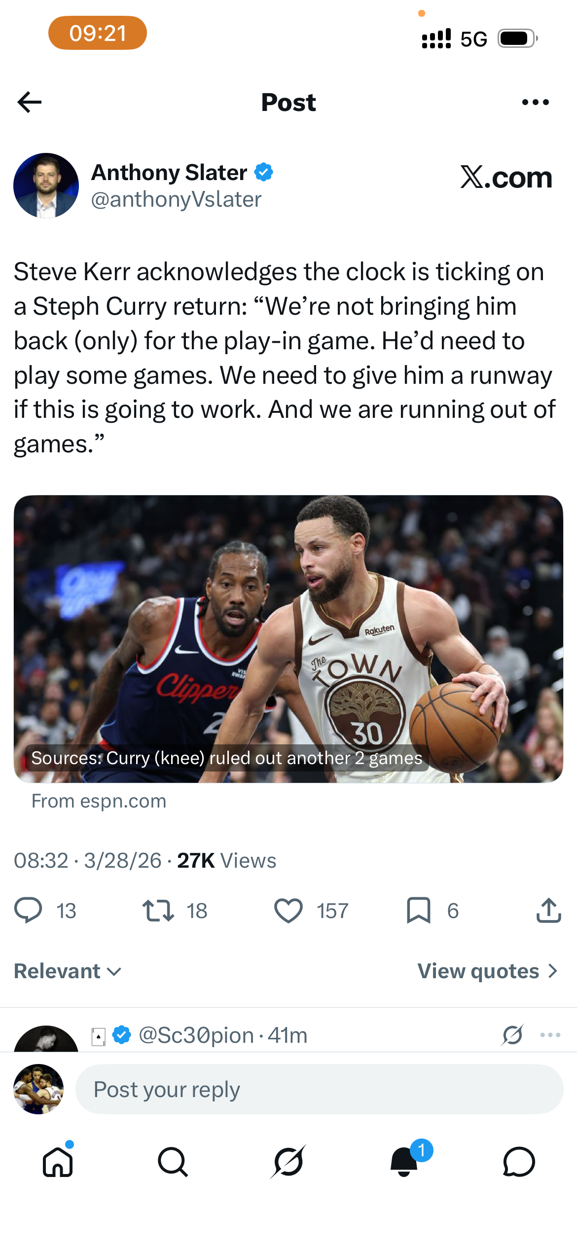 史蒂夫·科尔（Steve Kerr）承认斯蒂芬·库里回归的时间已经不多了：“我们