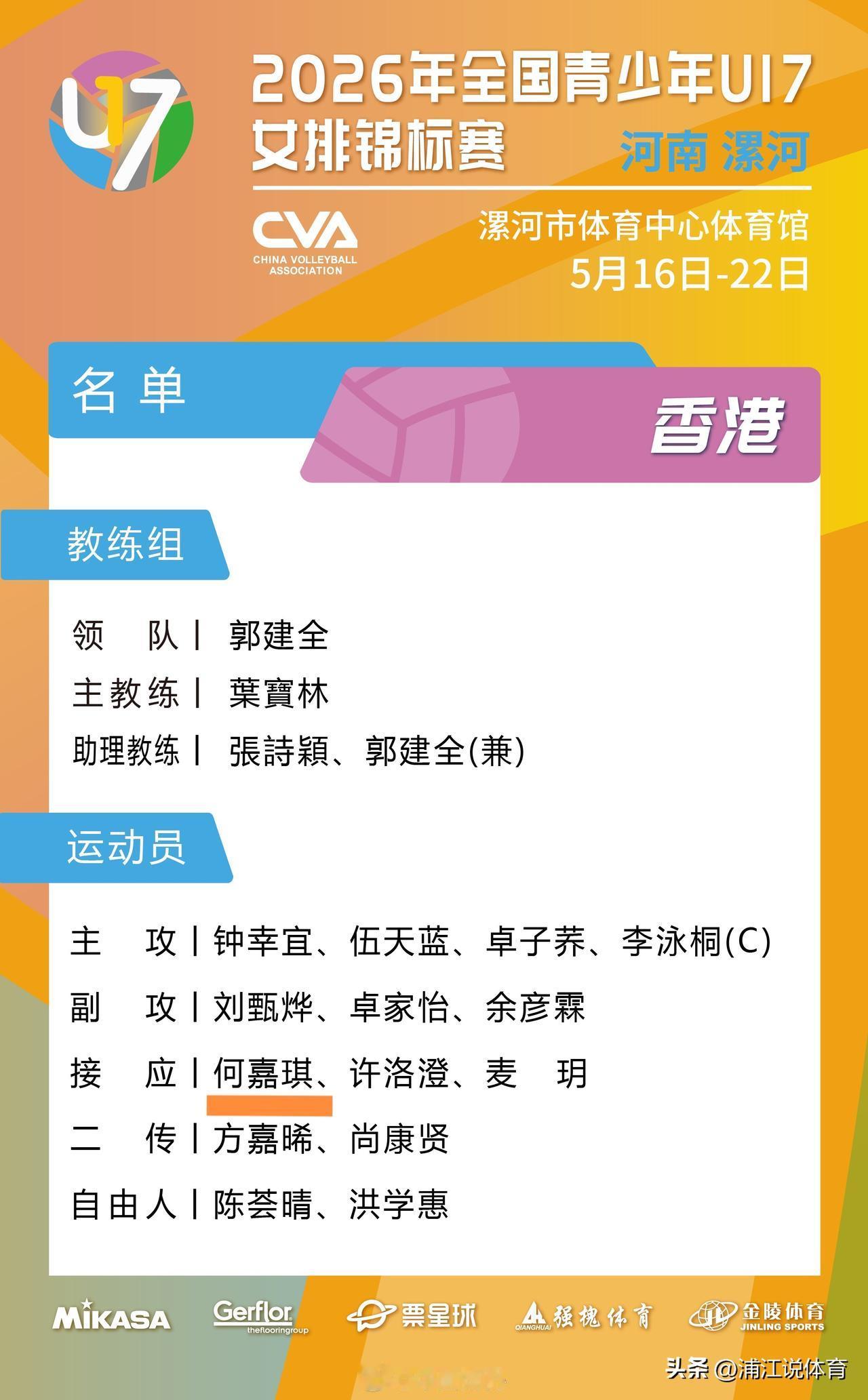 女排队长孙玥女儿出战全国U17女排锦标赛！在中国排协公布的中国香港队的参赛名单中
