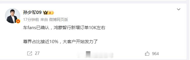 据车fans透露，上周鸿蒙智行 新增订单10K左右~尊界s800 的订单占比接近