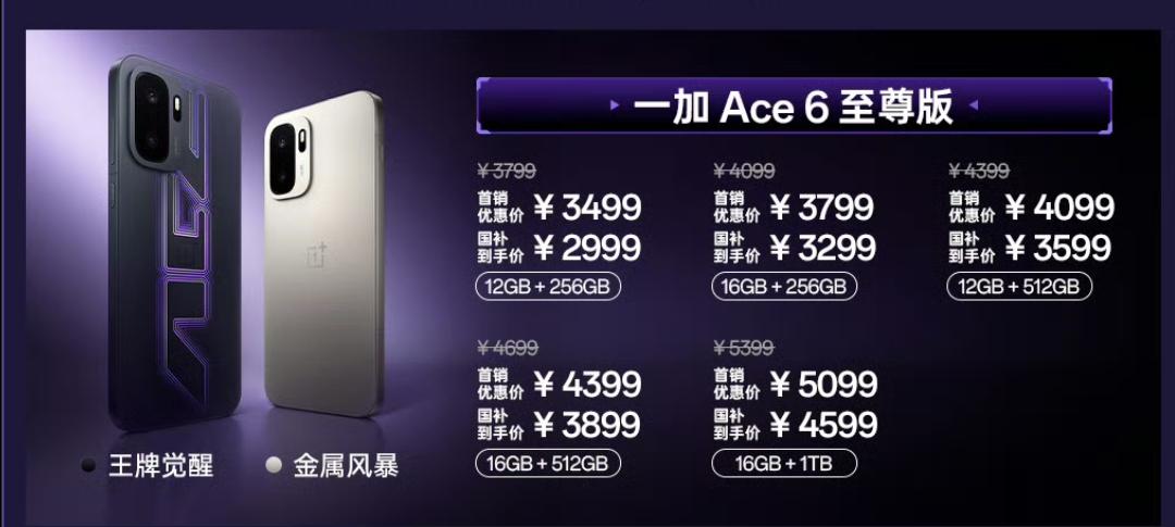 3499元起，一加Ace6至尊版发布

12 + 256GB：3499 元
16