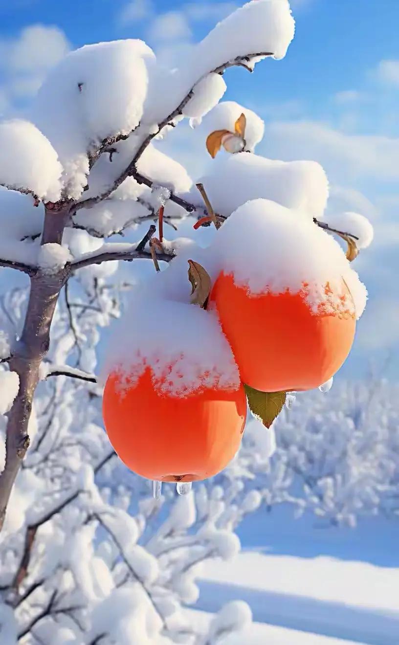 雪柿咏
冻雪凝枝覆素霜，
朱实垂处漏晨光。
冰棱暖透霞千缕，
柿蒂寒凝玉半囊。