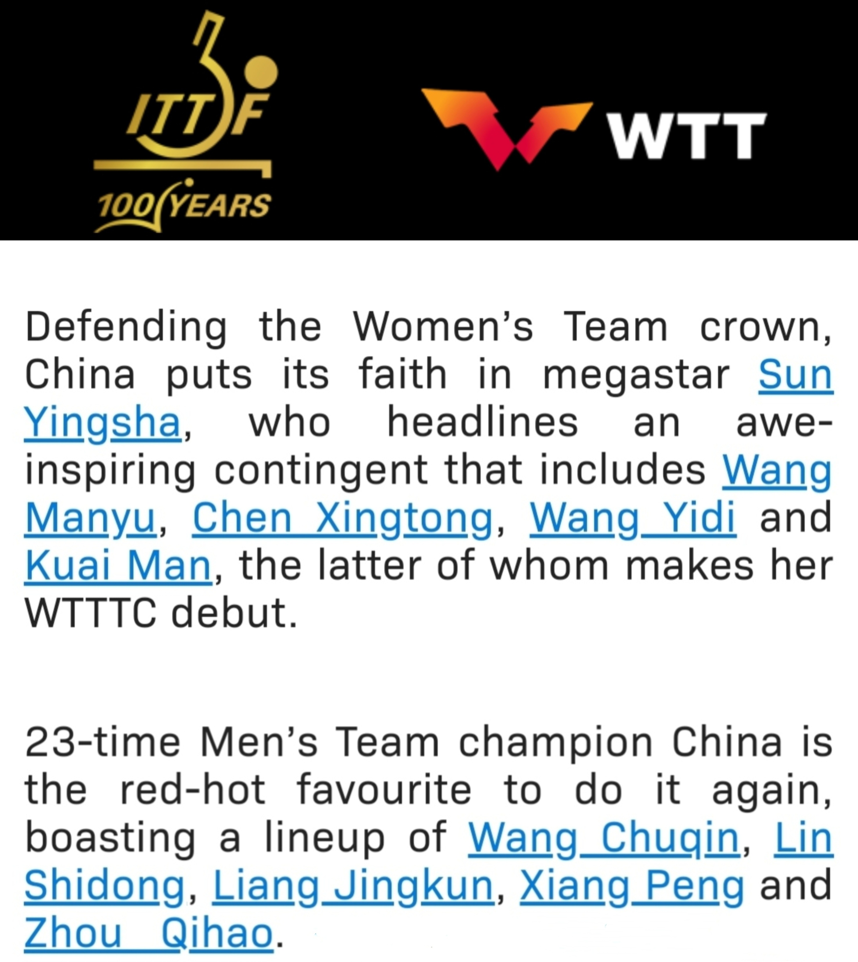 孙颖莎 世界乒联官网发文：China unveil star-studded s