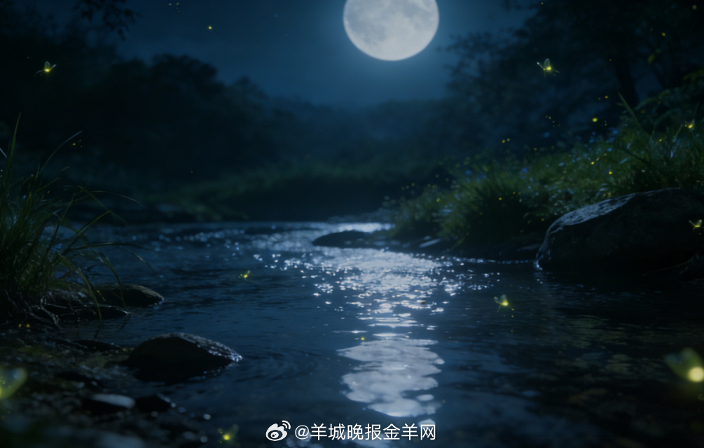 #晚安# 夜晚的小溪边，月光洒在平静的水面上泛着粼粼波光，岸边有草丛和石头，萤火