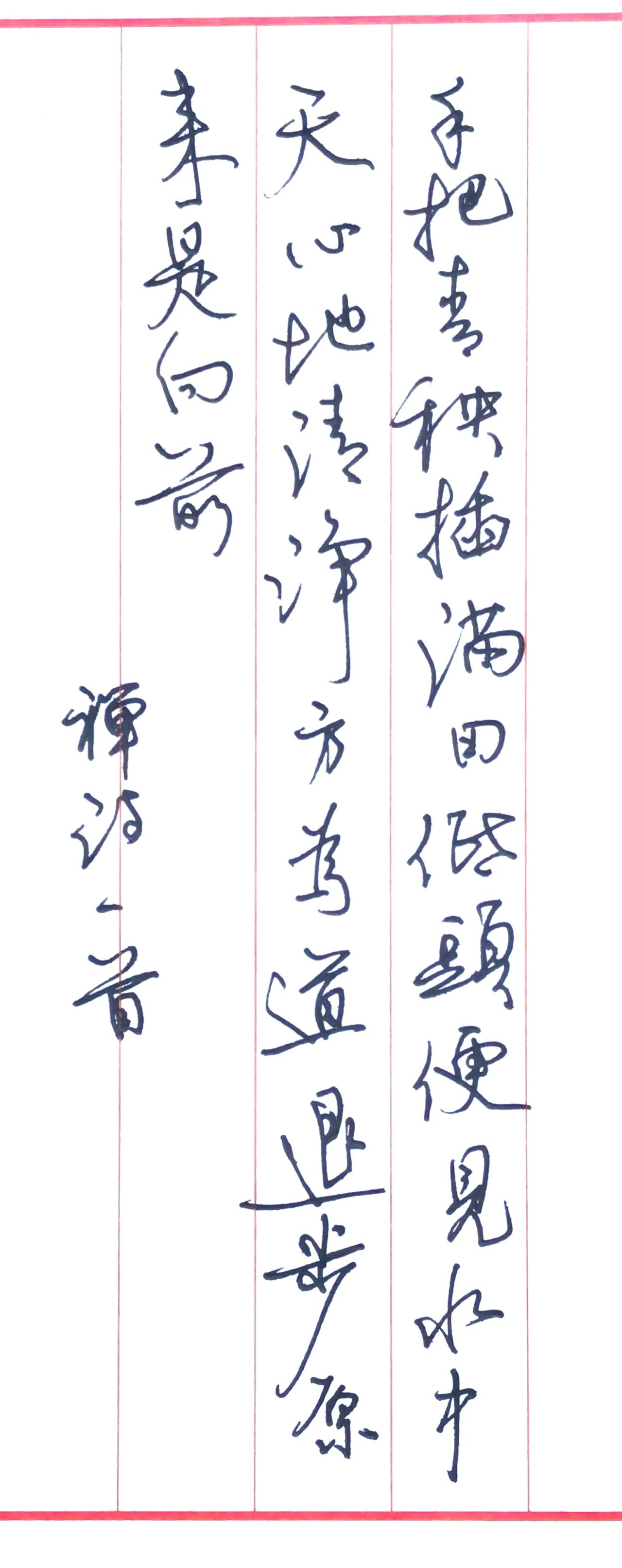 笔法气韵：属硬笔行草，牵丝连带自然流畅，笔画轻重顿挫分明，“插、原、前”等字收放