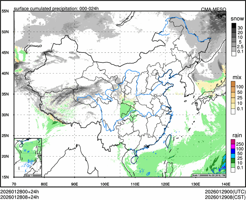 下图为我国数值预报的24小时雨雪分布。时间按照每3小时，向后推延。总体可见29日