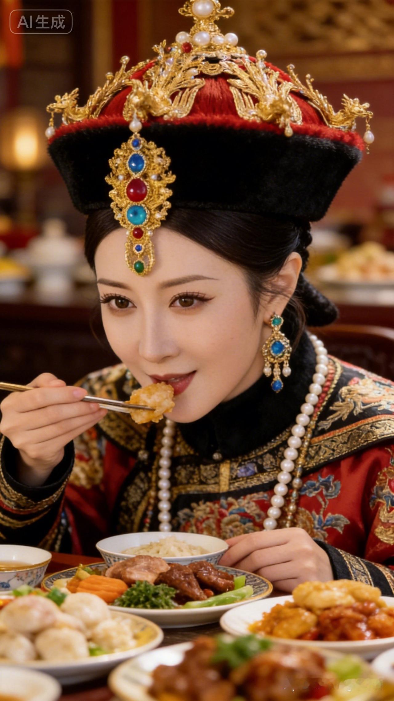 这位女士穿着古装，正在享用美食。
