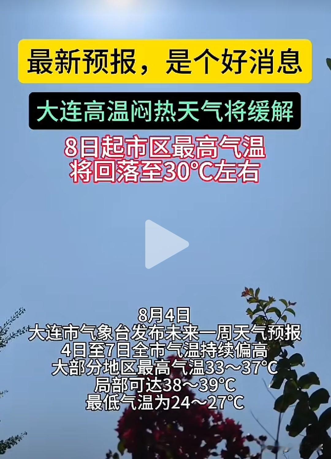 喜大普奔！大连人苦熬桑拿天，还有3天！8号最高温降至30℃！
 
谁能扛得住大连