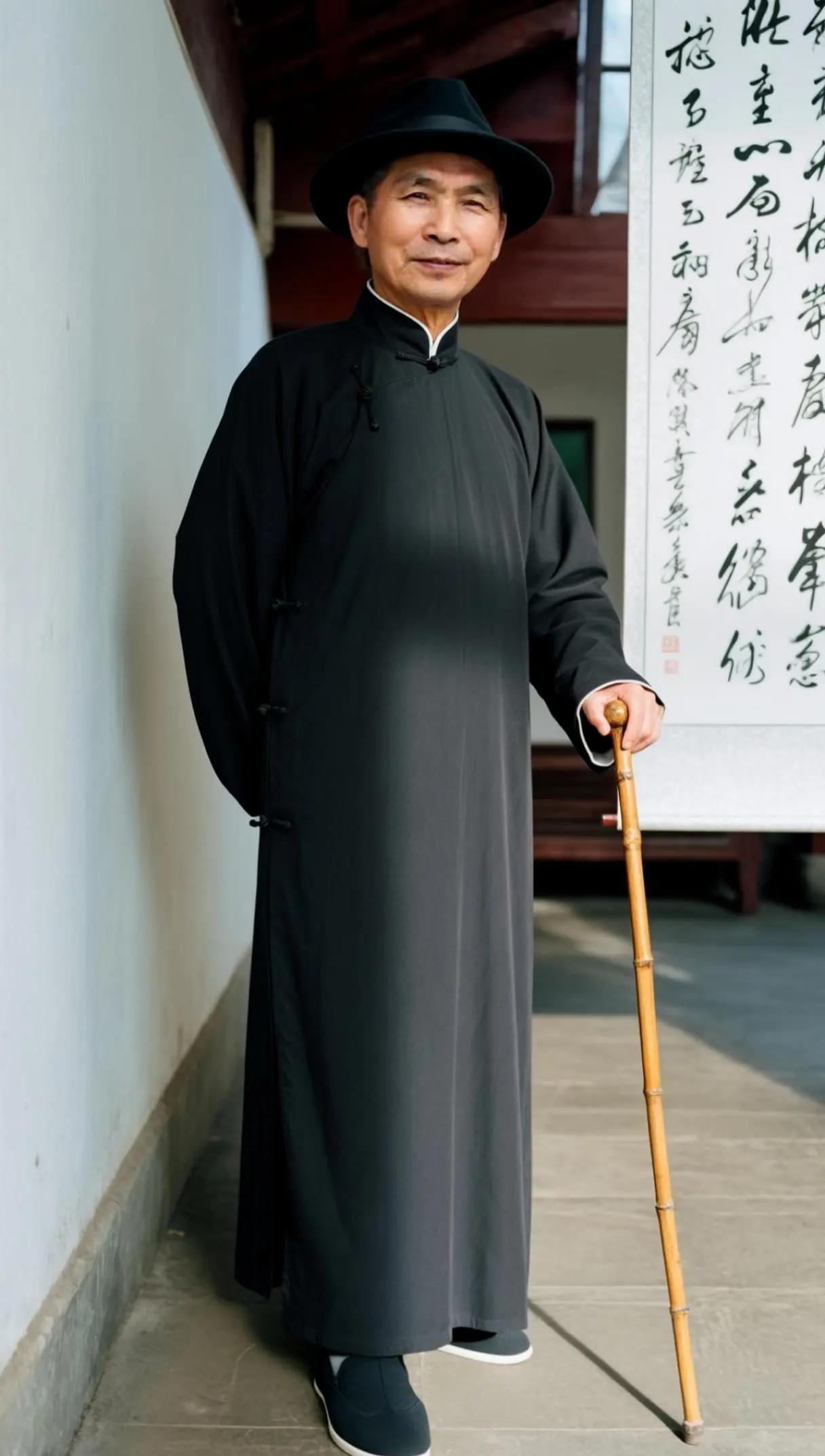 人老八十三，走路带拐仗，精神还可以！AI长衫留念照