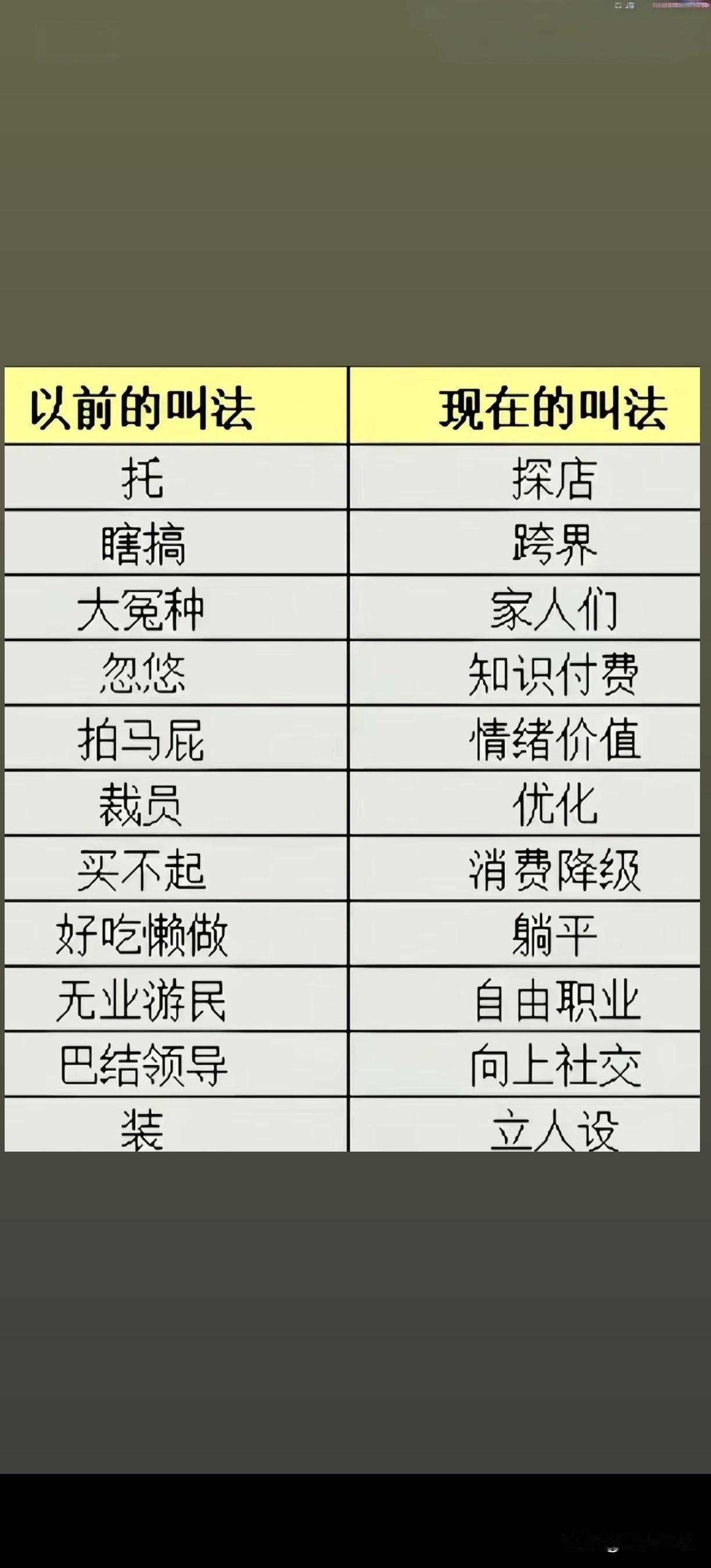 这张表格是网络流行讽刺梗，核心是直白朴素的口语，被包装成精致、委婉的现代网络/职