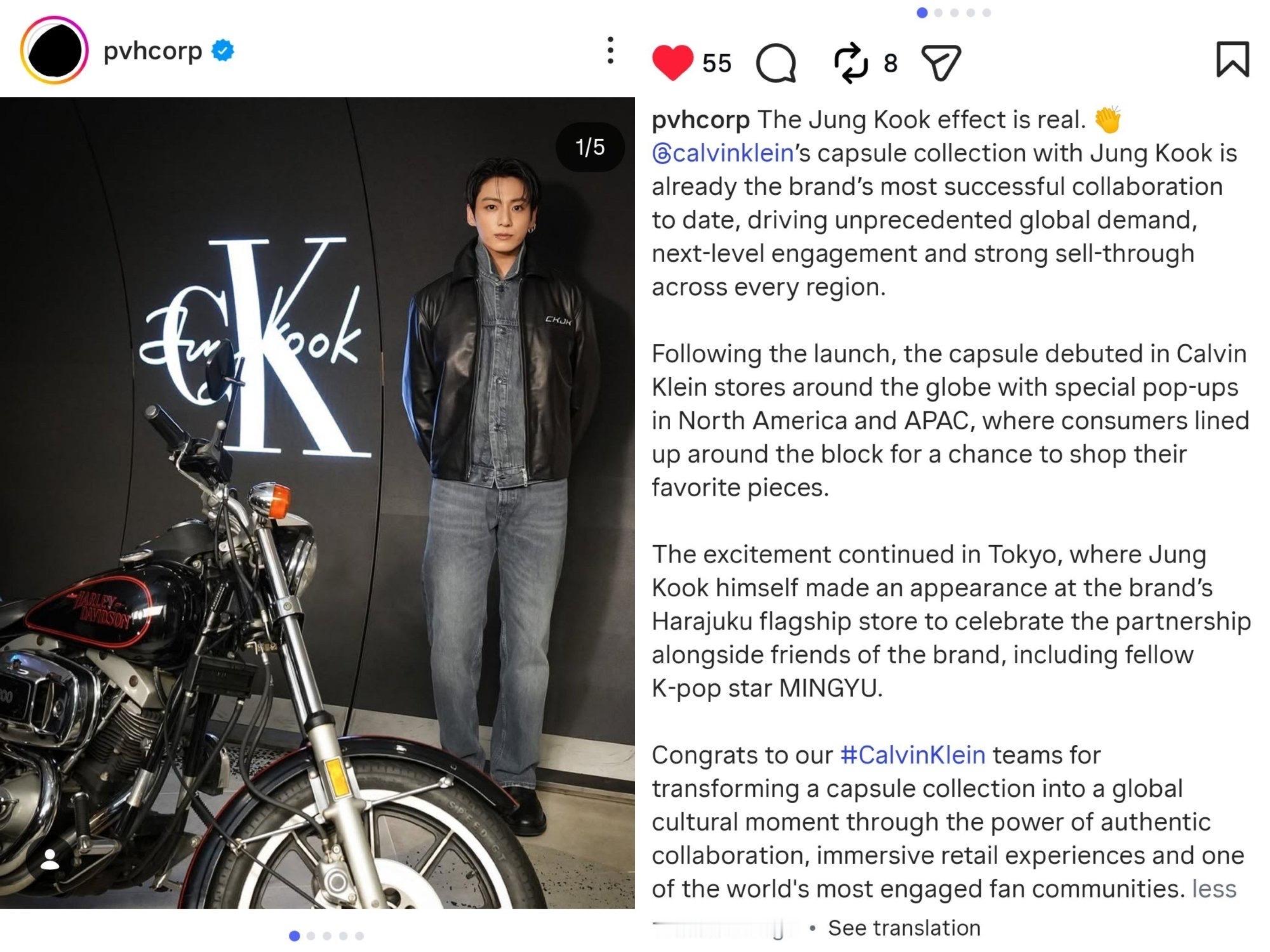 CK母公司PVH集团的官方Instagram发布帖子表示：“CK和田柾国合作的联
