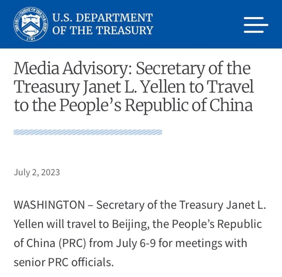 #美国财长访华#美国财政部发布公告，美国财长耶伦将在7月6日至9日访问北京 ​​