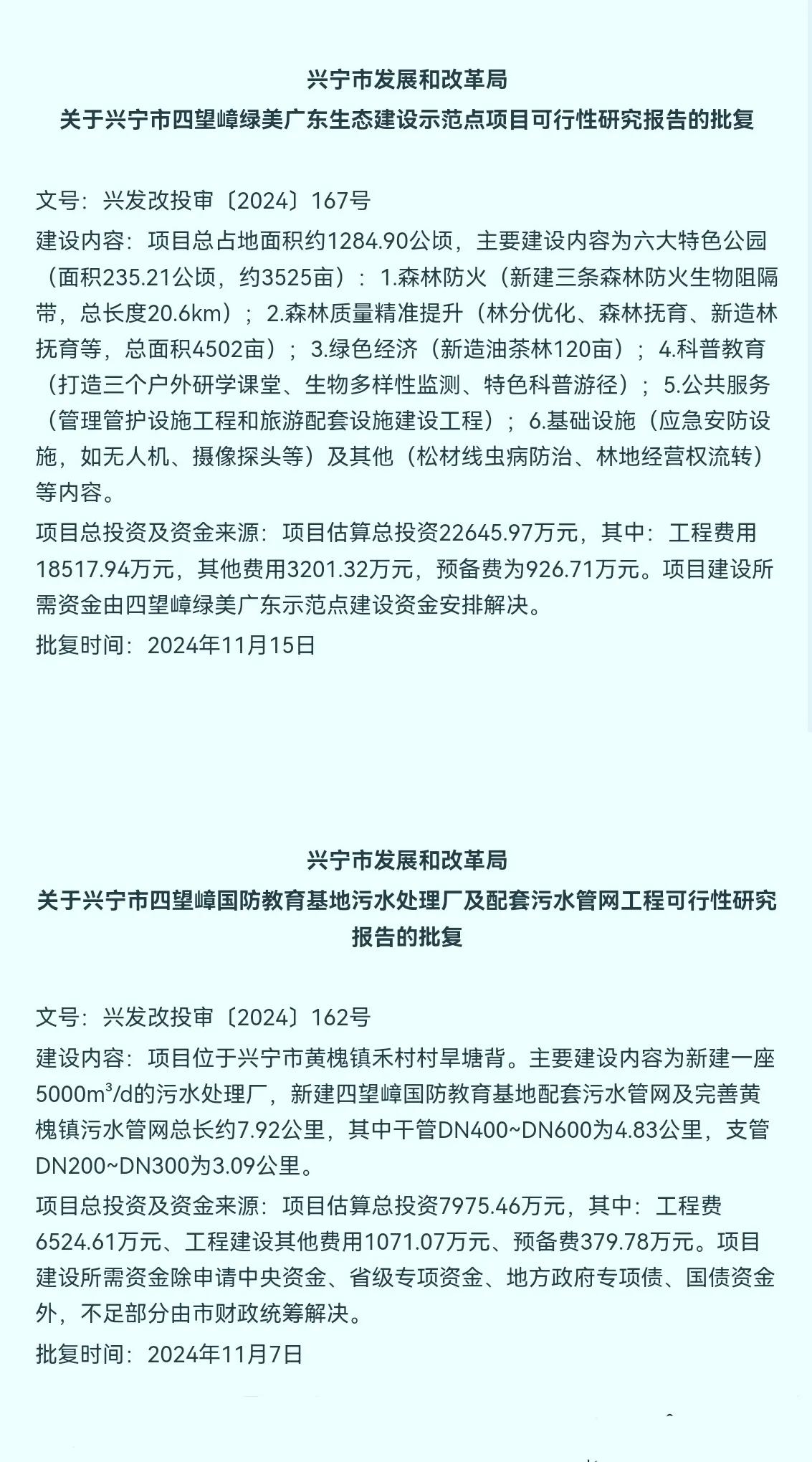 总投资超3亿，兴宁市四望嶂这2个大项目批复了

2024年11月7日～15日期间