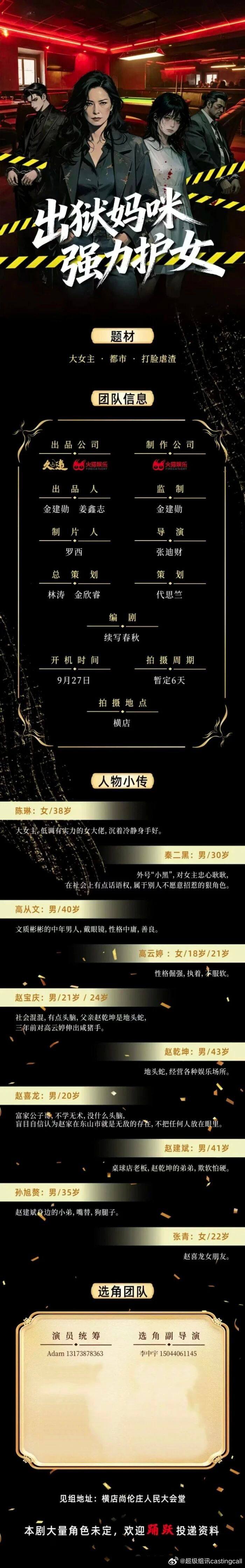 剧组组讯超级组讯 短剧《出狱妈咪强力护女》题材类型：大女主、都市、打脸虐渣出品/
