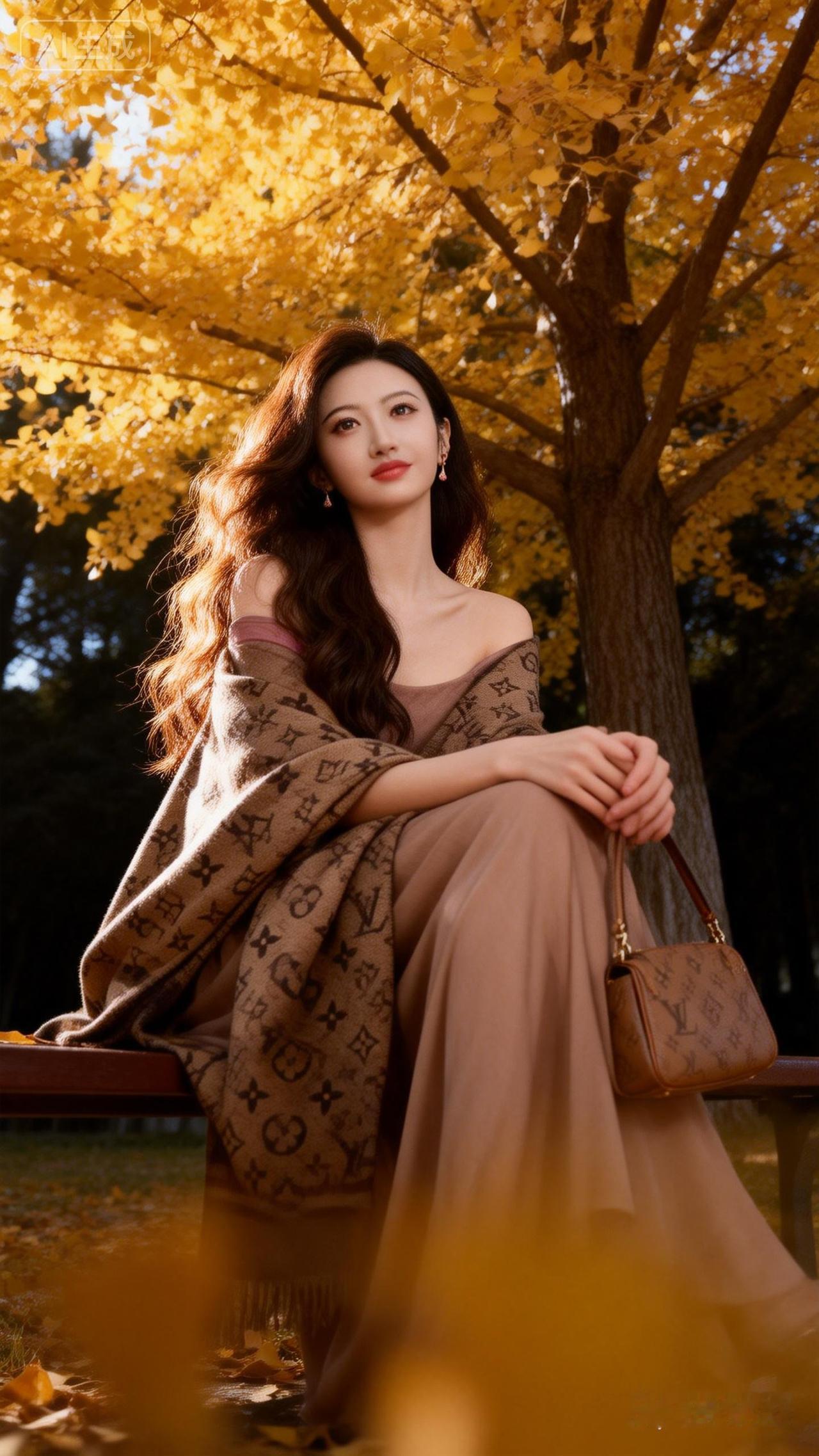 秋日暖阳下，优雅女子倚树而坐，散发着迷人魅力。