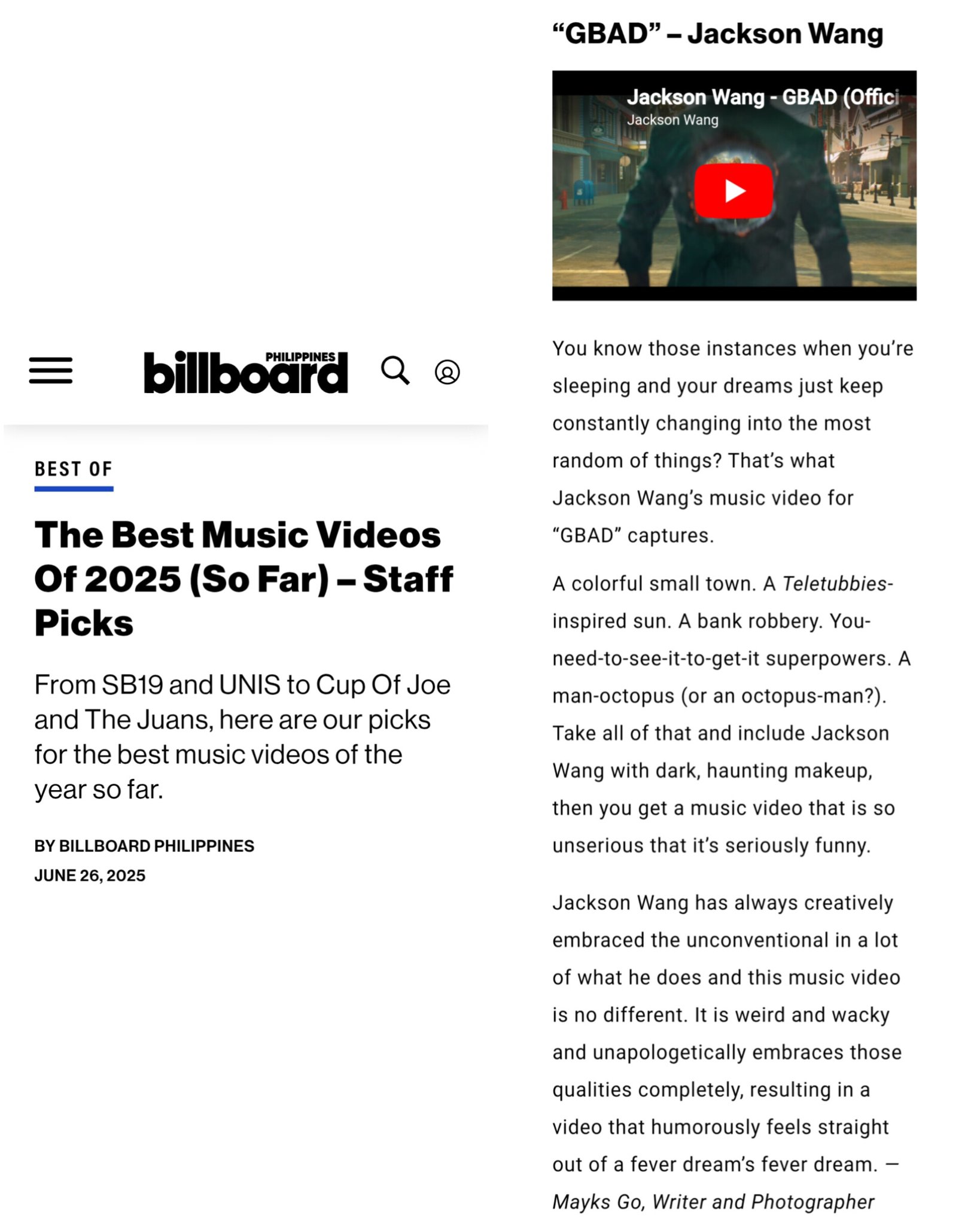 GBAD被Billboard列为最佳mv.王嘉尔GBAD被Billbo...