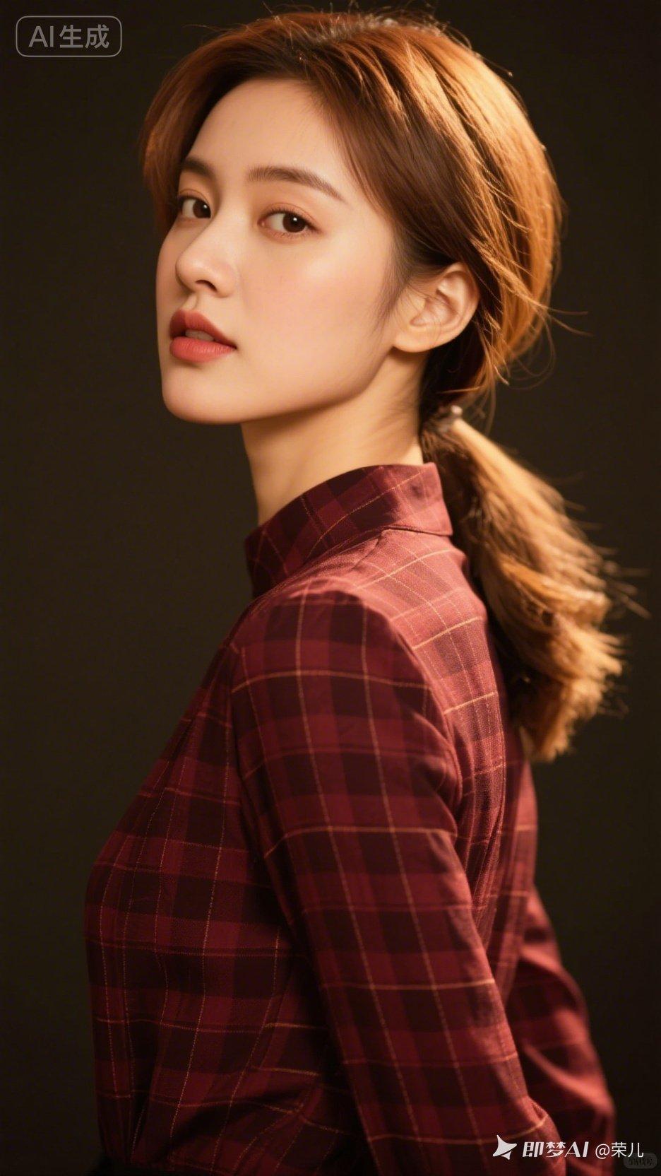 复古红格子衬衫，优雅侧颜，尽显女性魅力！