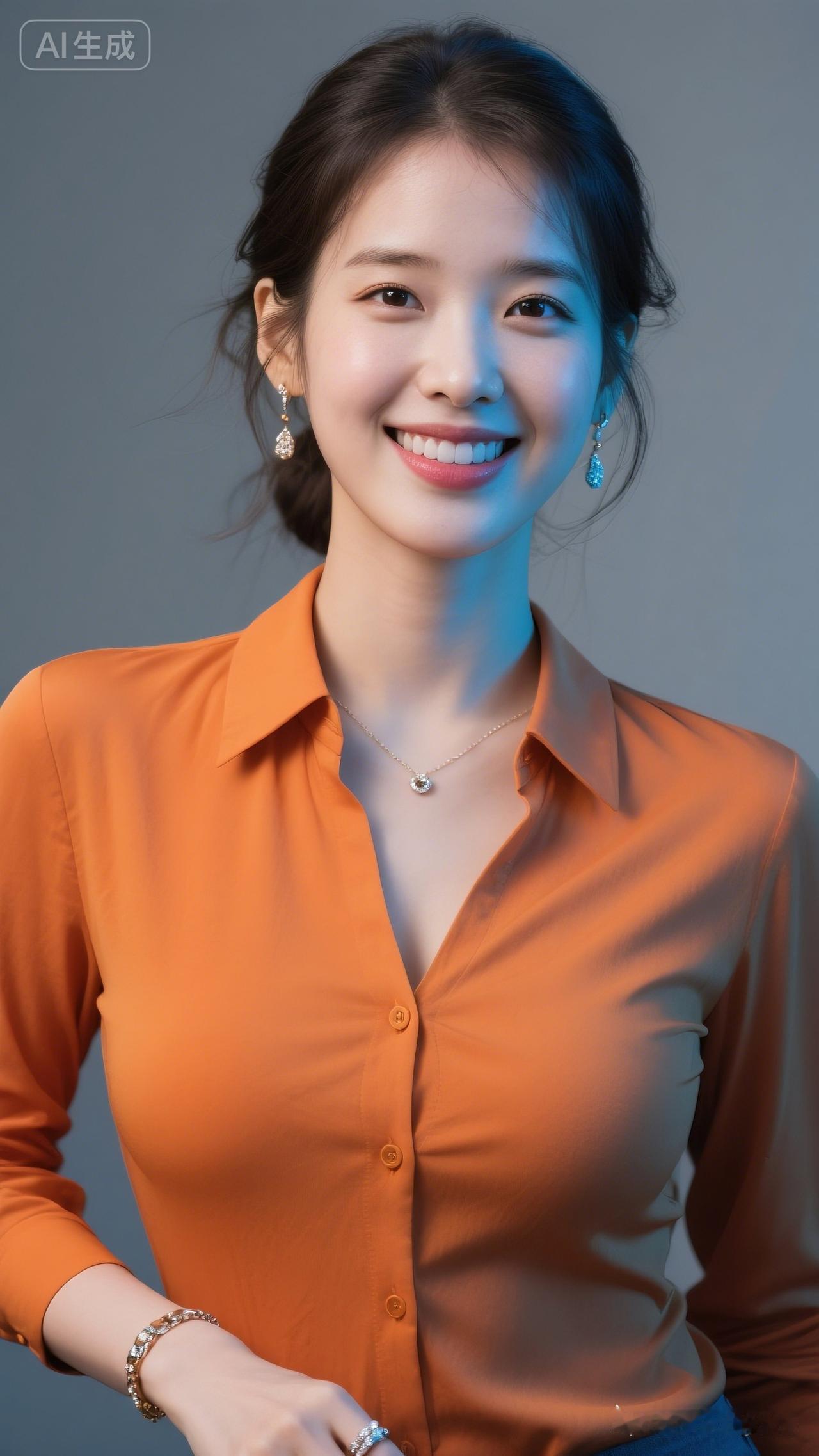 李惠一袭橘黄紧身衬衫微敞领口，饱满曲线尽显柔美，挽发精致，温和微笑满是亲切，优雅