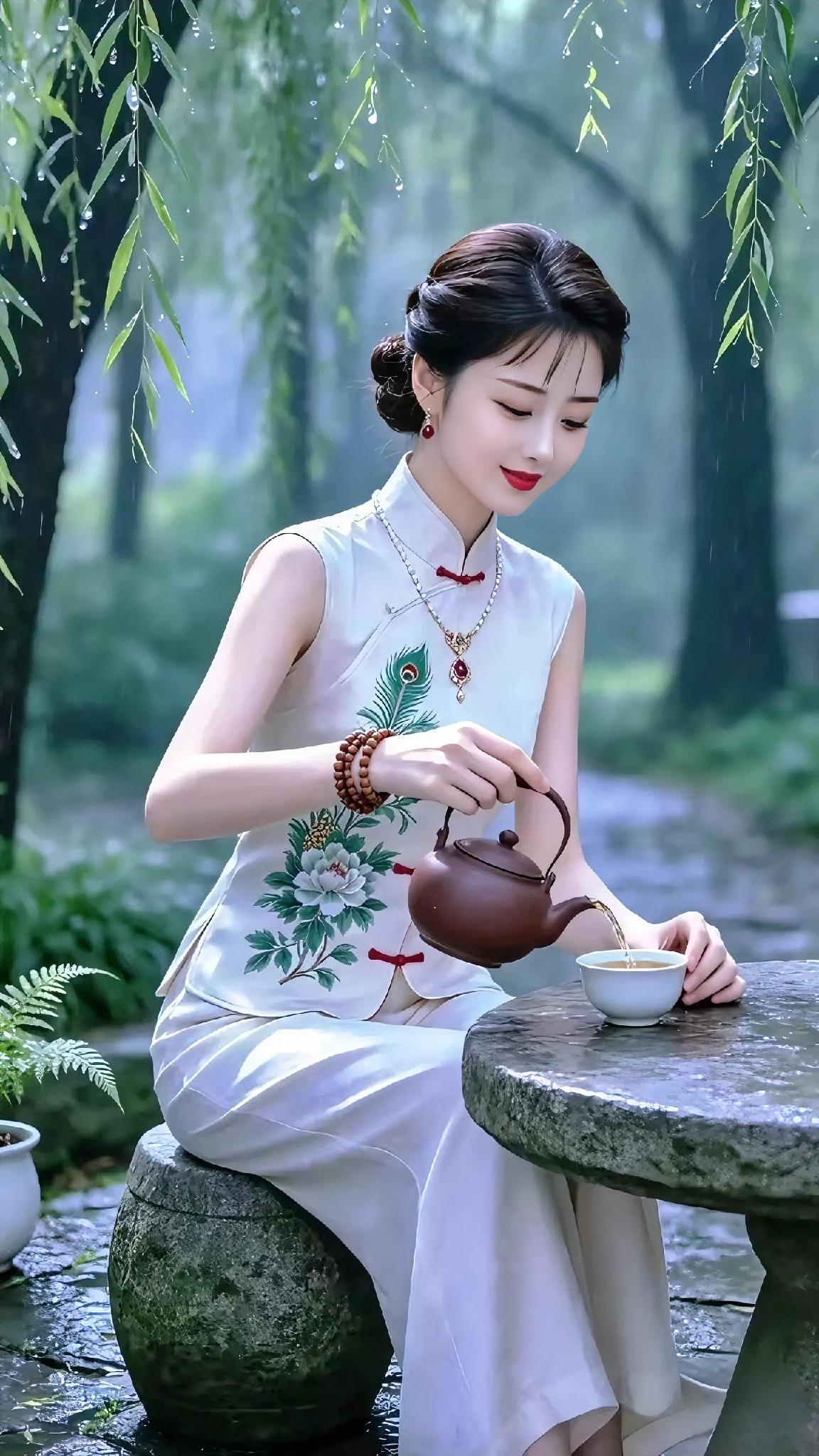 细雨垂落柳丝，庭院草木浸着湿润雾气。一身素雅刺绣旗袍衬得身姿温婉，指尖轻提紫砂壶