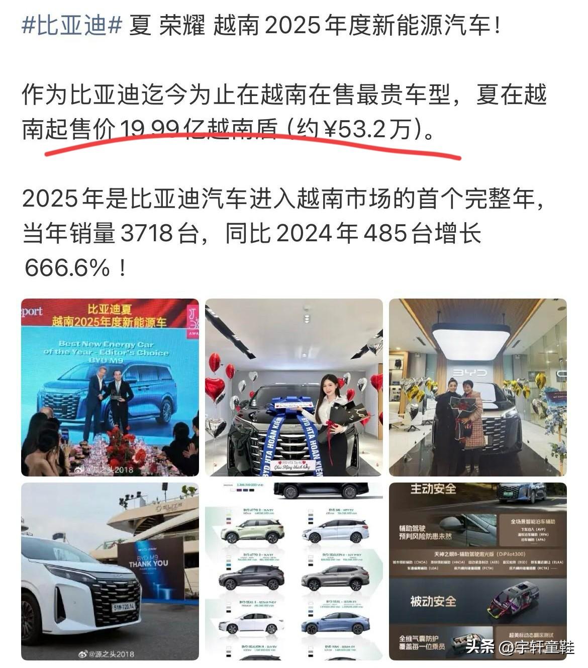 比亚迪：“比亚迪夏在越南售价高达19.99亿越南盾，折合人民币为53.2万！”