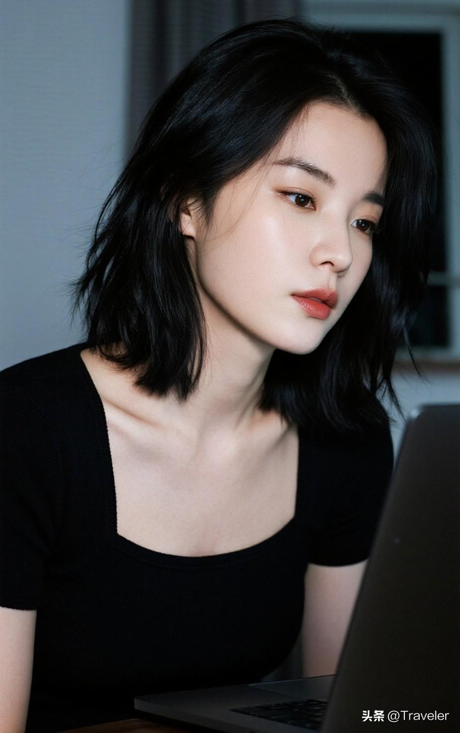 夜晚的灯光下，专注工作的她，散发着迷人的魅力。